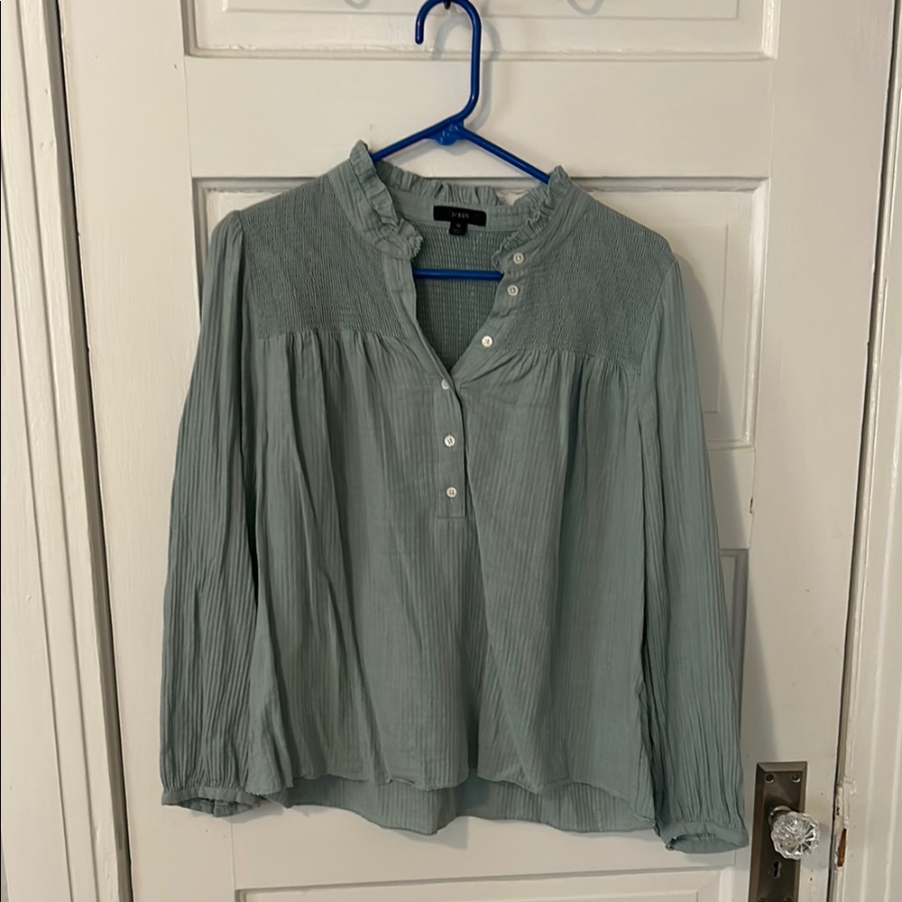J. Crew Green Puff Sleeve Blouse with Mandarin Collar